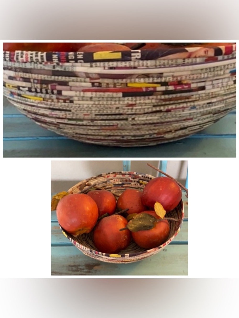 Vintage Hand Woven Basket Made of Magazine Pages with Realistic Damp Apples